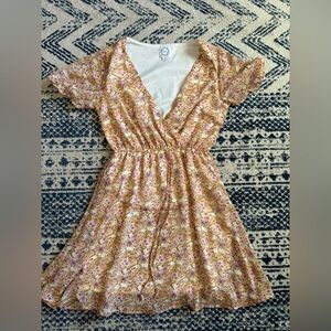 Blue Rain Yellow Floral Mini Dress with Pink Accents